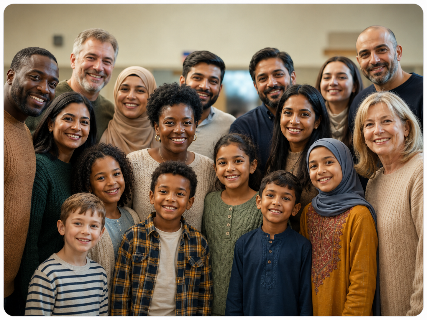 A diverse multigenerational community group representing Black, White, South Asian and Middle Eastern residents.